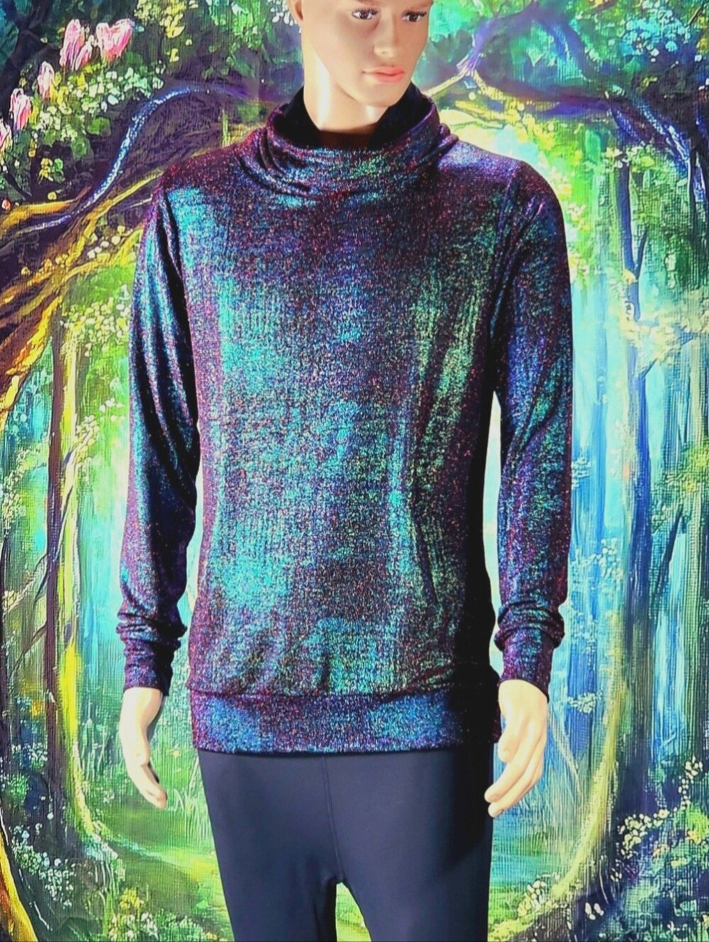 🔥 🔮 Mens Vibrant Holographic Cowl Neck Festival Rave Wear Shirt Mission L/XL